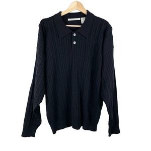 90s Vintage Black Wool Collared Grandpa Sweater Academia Normcore Preppy Sz L